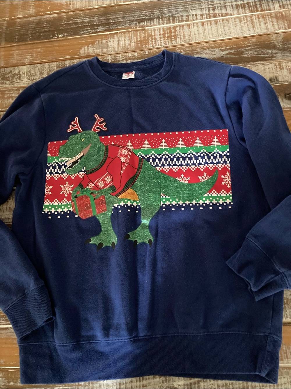 Holiday Time Navy Crewneck Sweater with Green T-Rex Holiday Graphic